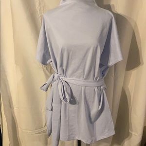 Light blue mock neck tie waist split side tunic
